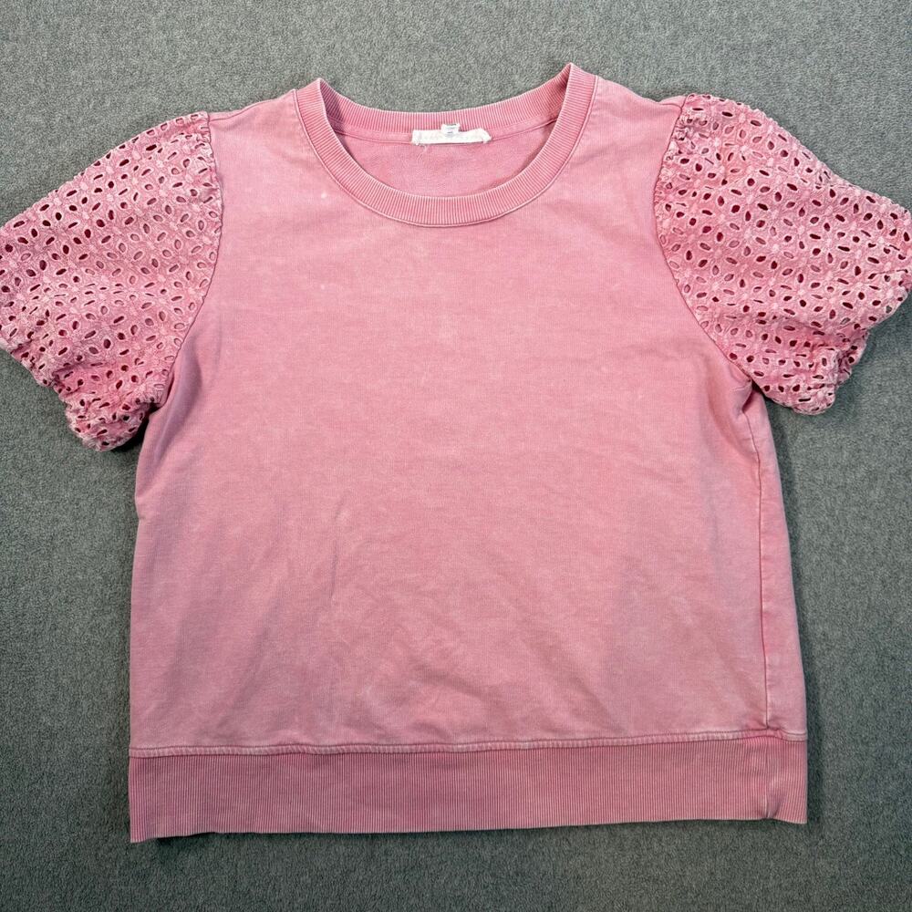 JANE + DELANCEY Women's Medium Pink Eyelet Sleeve Sweatshirt Top Distressed
